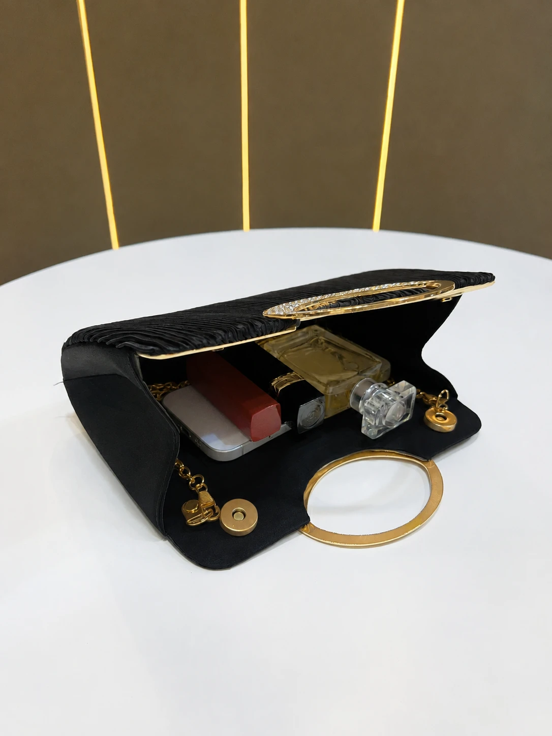 Pleated Black Satin Ring Clutch